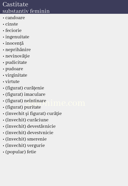 Castitate, substantiv feminin - dicționar de sinonime