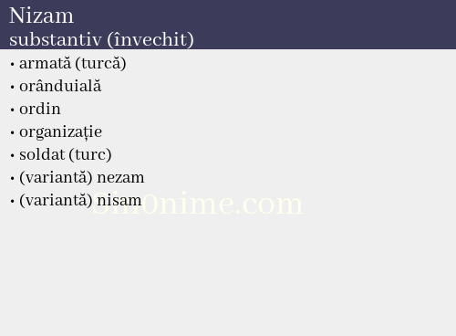 Nizam, substantiv (învechit) - dicționar de sinonime