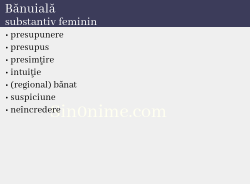 Bănuială,   substantiv feminin - dicționar de sinonime