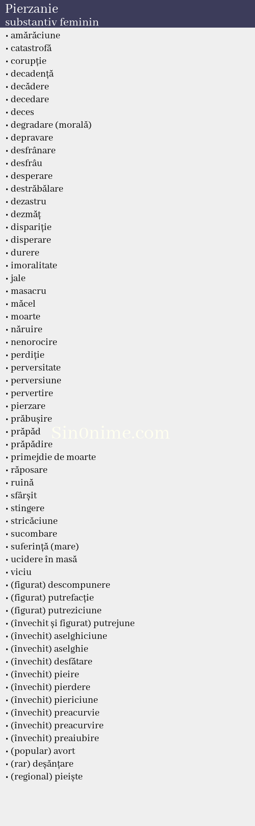 Pierzanie, substantiv feminin - dicționar de sinonime